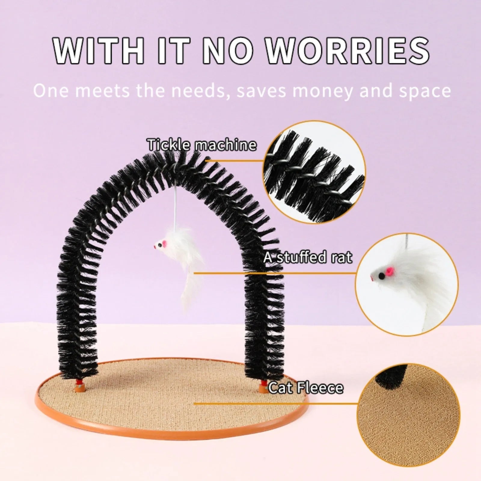 Black arch-shaped plastic cat grooming device with a mop and scratching surfaces, featuring a plush mouse toy.