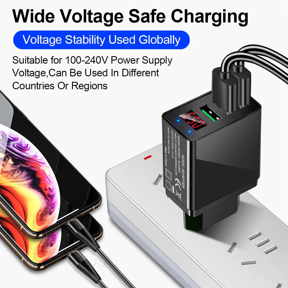 Digital display travel charger with three USB ports and interchangeable EU UK US plugs in black