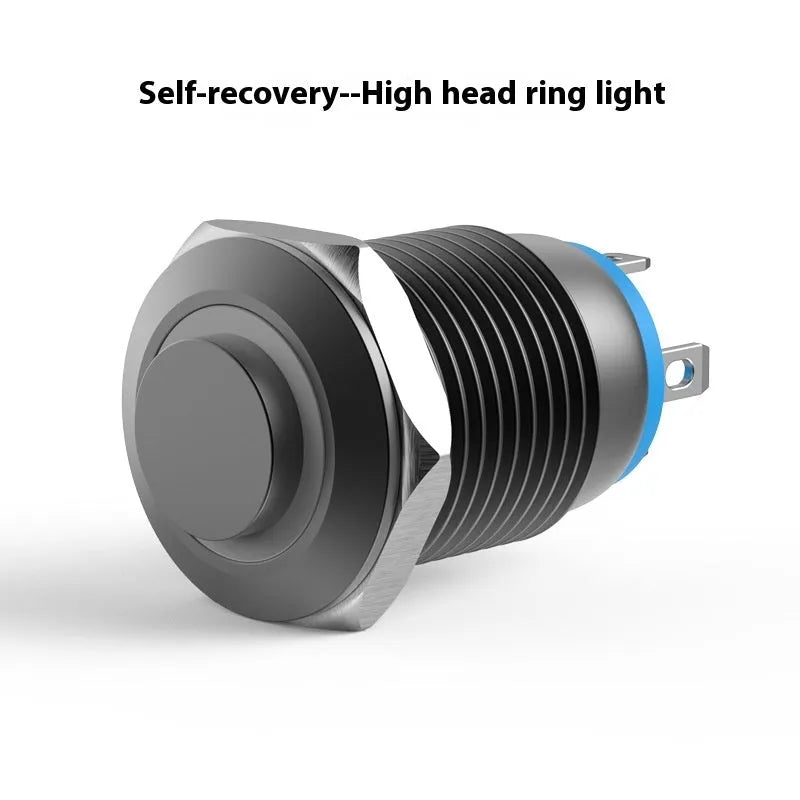 12mm self-reset waterproof metal button with light – silver contact, flat head, blue colour
