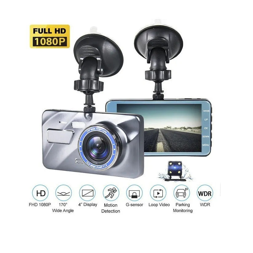 4-inch dash cam with IPS screen and dual lens installed on car windscreen showing HD night vision recording