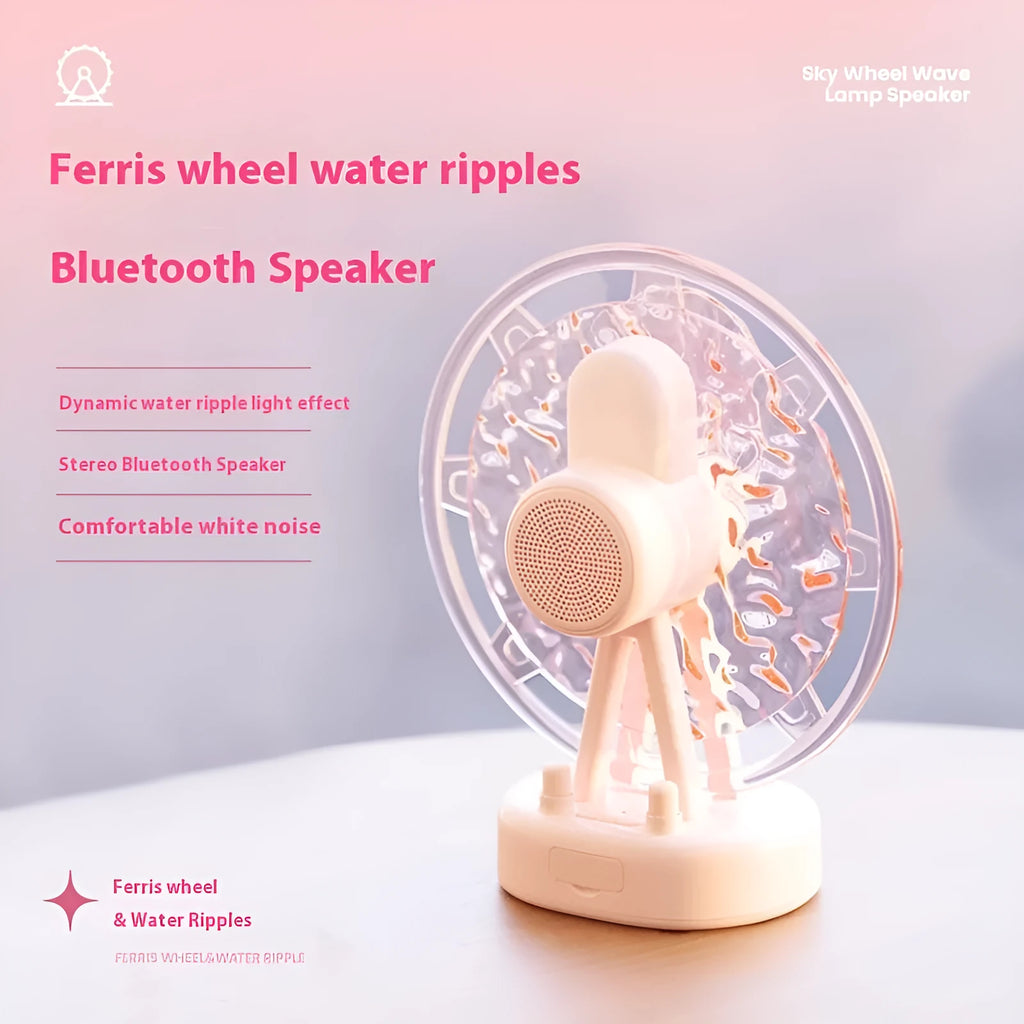 White Ferris wheel Bluetooth speaker with colourful atmospheric lighting effects on display