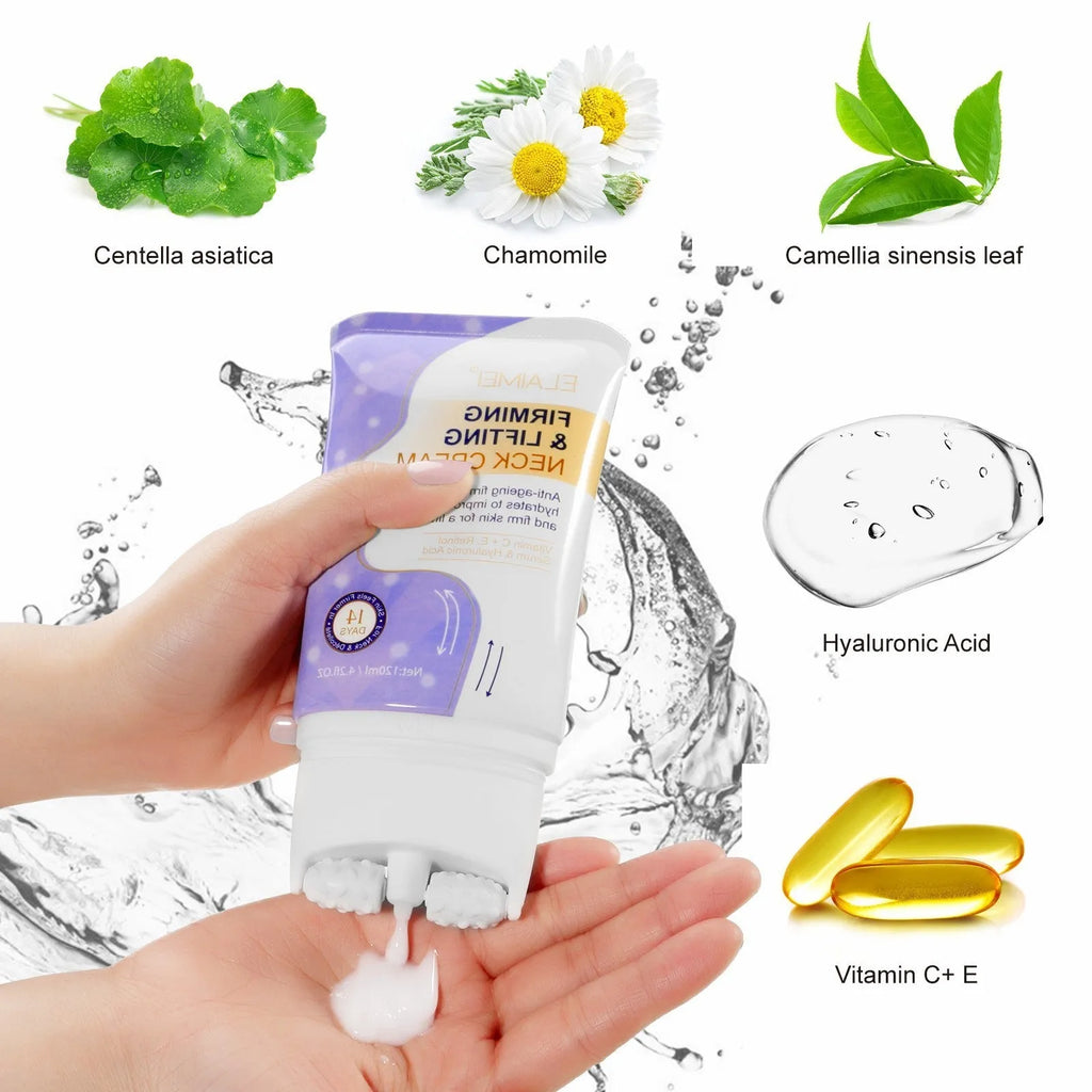 Purple bottle of anti-aging neck cream with multi-ball massage roller on neck