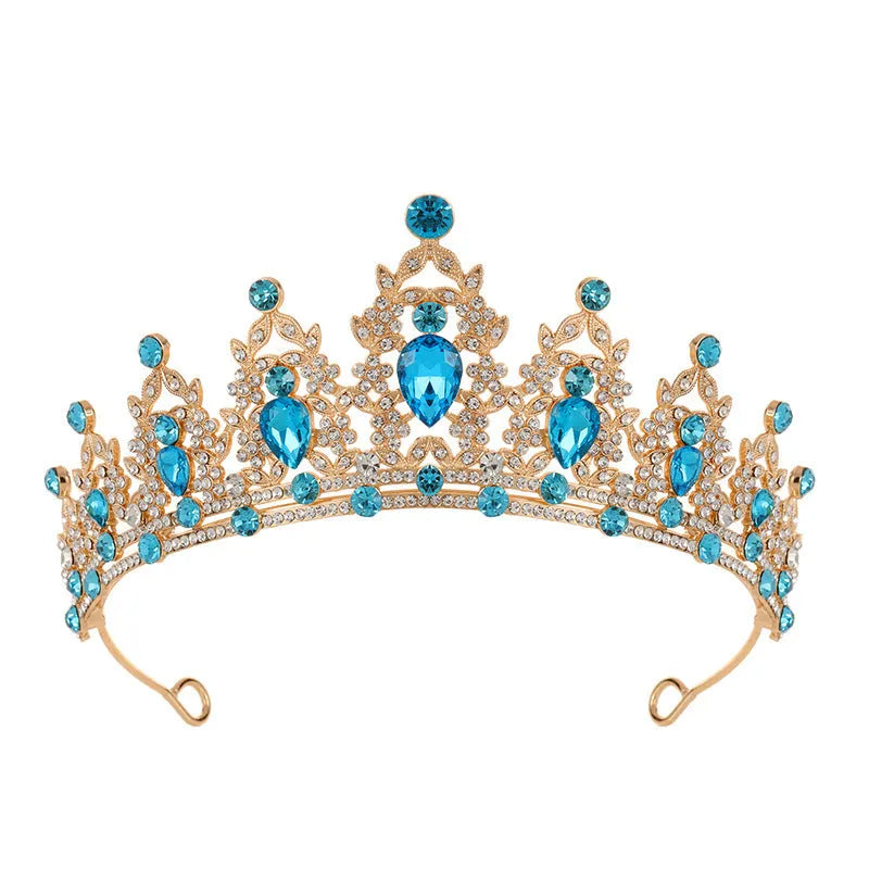 Baroque-style bridal crown hair accessory with rhinestones on an alloy frame in silver and gold colour options.