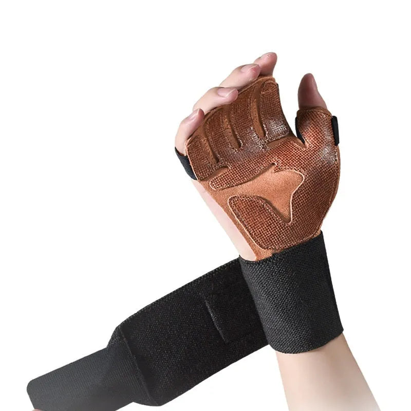Cowhide fitness anti-slip wrist gloves with wristband in dark brown on gym floor
