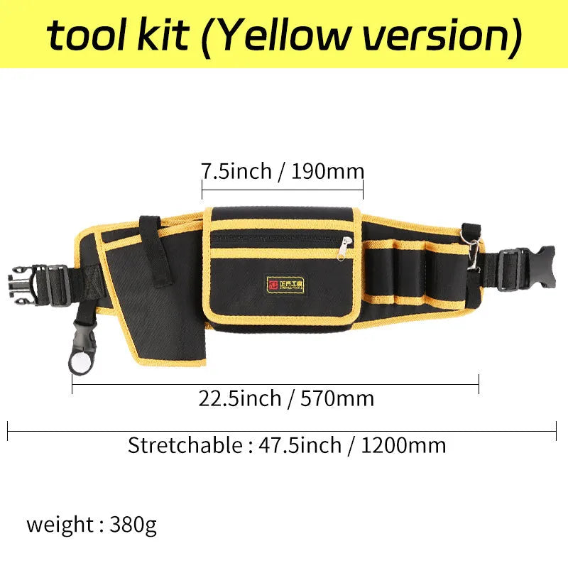 Yellow canvas electrician tool waist bag with belt for portable storage and repair use