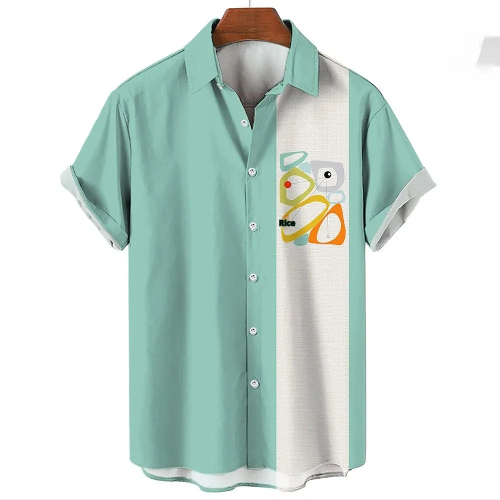 Men's striped Hawaiian casual button-down shirt with short sleeves in polyester fabric