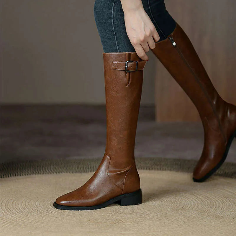 Women's knee-high boots with low chunky heel, microfiber upper, black or brown, sizes 35-40