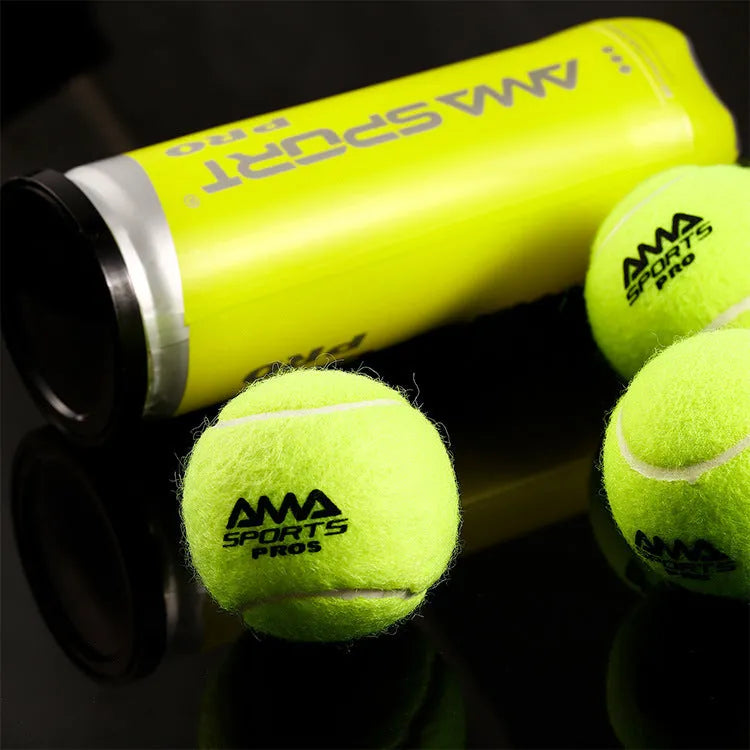 Three cage plate tennis training balls in black, green and yellow colours