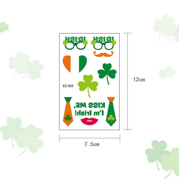 Single sheet of a green St. Patrick's Day clover temporary tattoo sticker, showing water-transfer paper backing.