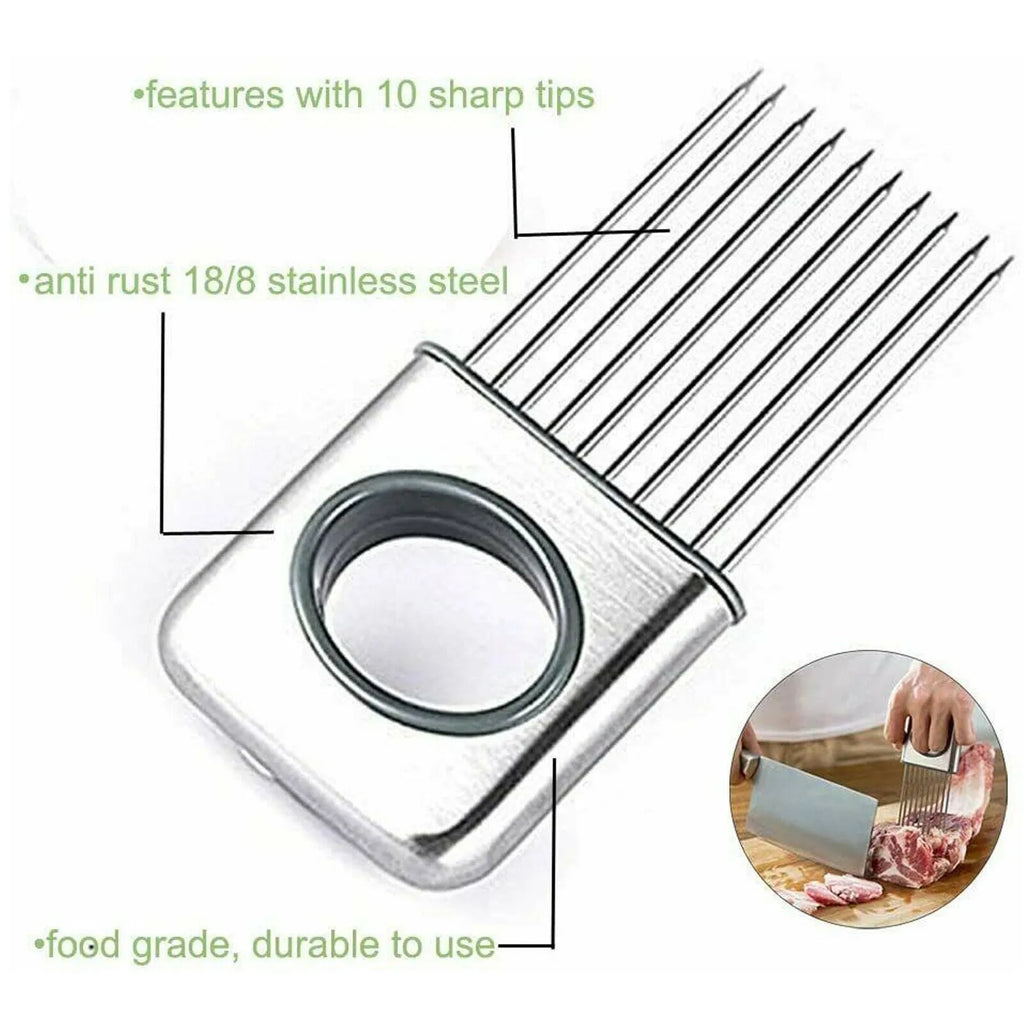 Stainless steel onion holder slicer with ultra-sharp prongs and finger guard for kitchen vegetable cutting