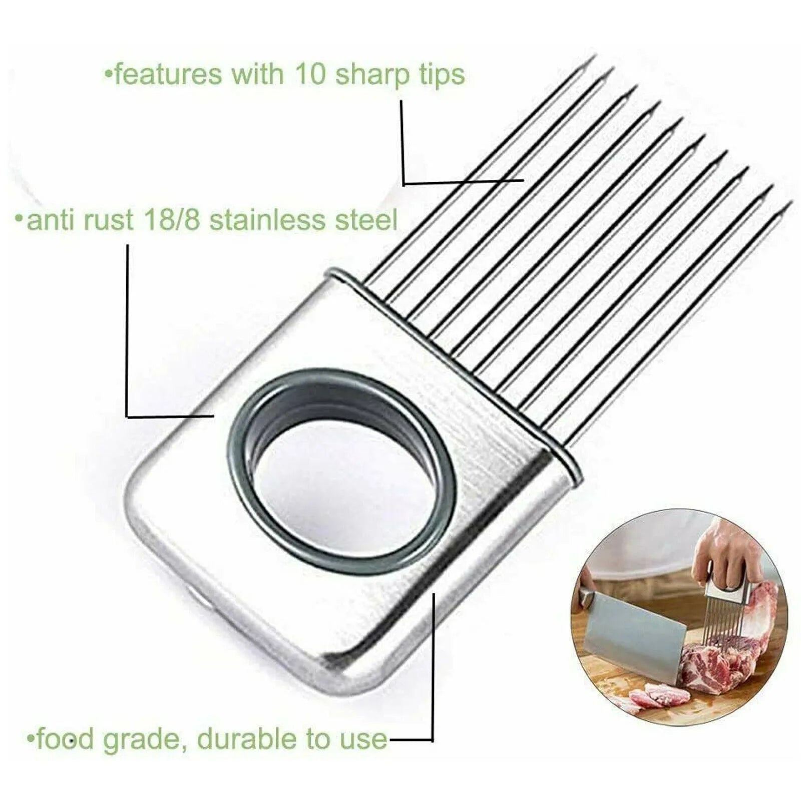 Stainless steel onion holder slicer with ultra-sharp prongs and finger guard for kitchen vegetable cutting