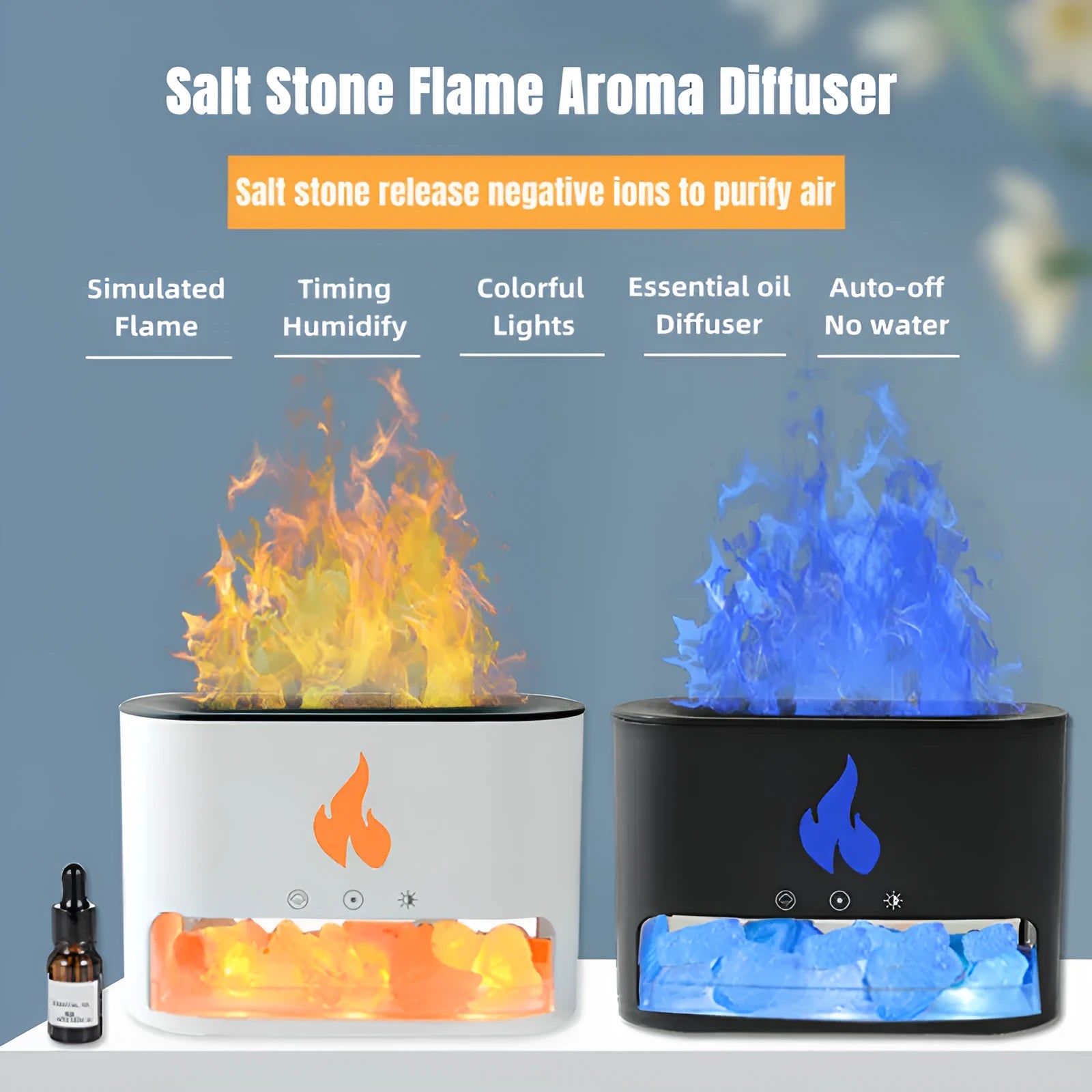 Square white flame effect humidifier with crystal salt stone and USB connection on wooden desk