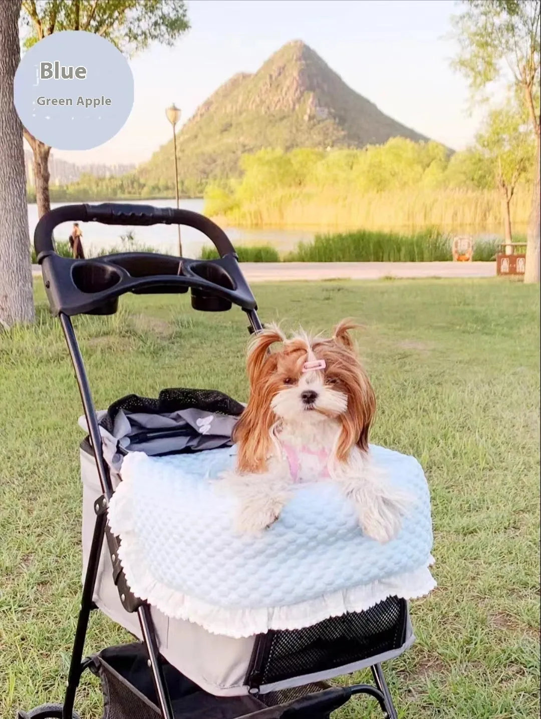 Pure cotton pet stroller pad set with removable towel, cushion, and pillow in a floral pattern.