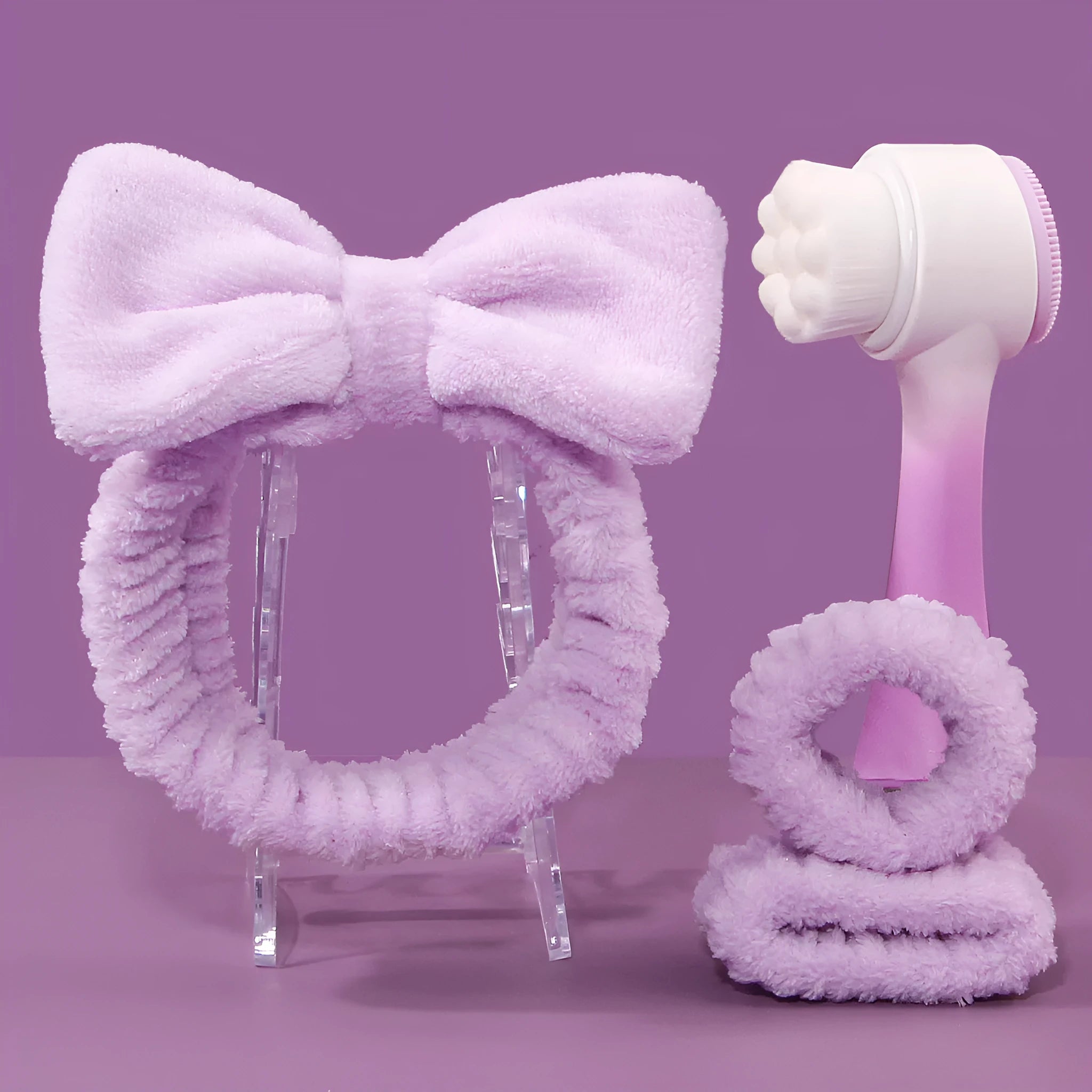 Coral fleece hair band facial brush set with face wash brush in multiple colour options