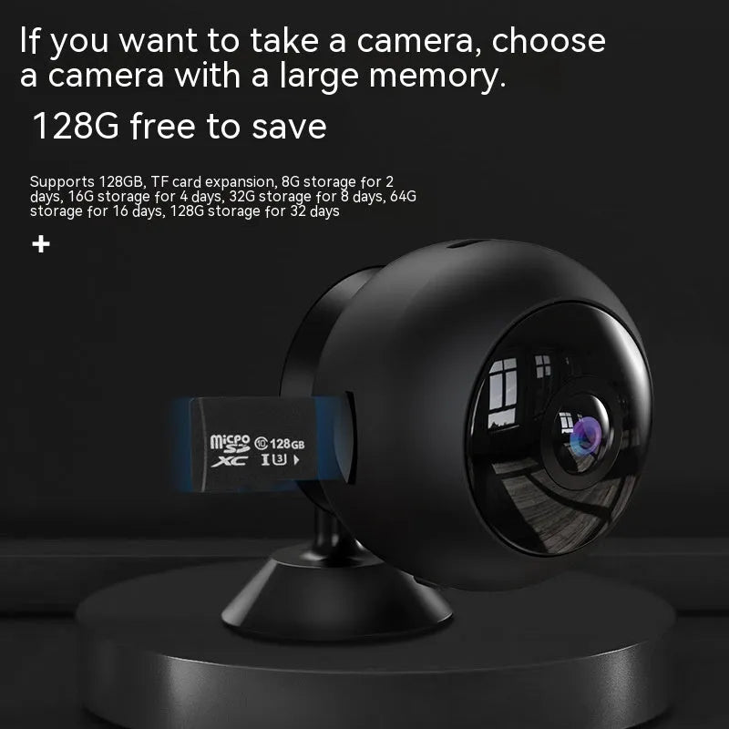 1080p wireless WiFi security camera with ABS housing and USB cable on a white background.