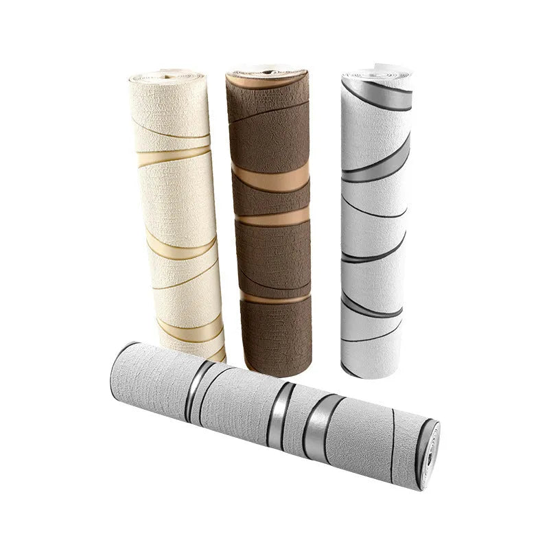 Curve Stripe 3D textured wallpaper roll showing close-up of light grey velvet geometric pattern