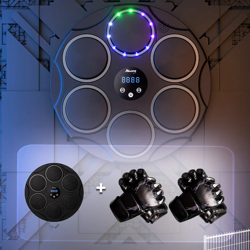 Black wall-mounted boxing target with coloured LED lights and Bluetooth connectivity for smart fitness training