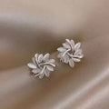 Opal cat's eye flower stud earrings in silver with geometric square and triangle design, Japanese Korean style