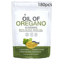 Bottle of black seed oil and olive oil capsules with 60 or 180 count options on a white background