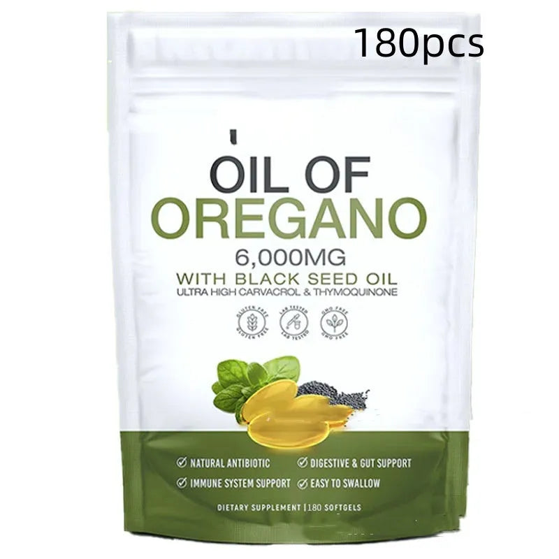 Bottle of black seed oil and olive oil capsules with 60 or 180 count options on a white background