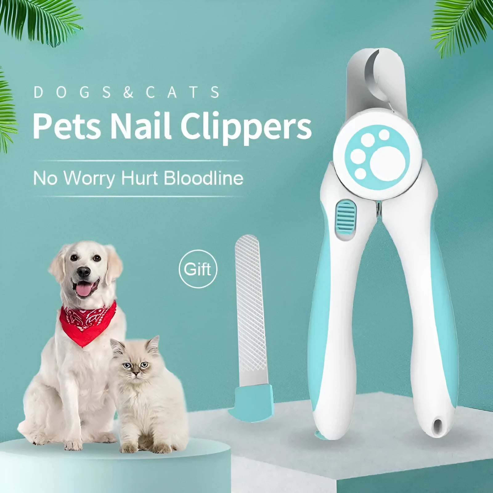Blue and white professional pet nail clipper for dogs and cats with a safety lock and stainless steel blade