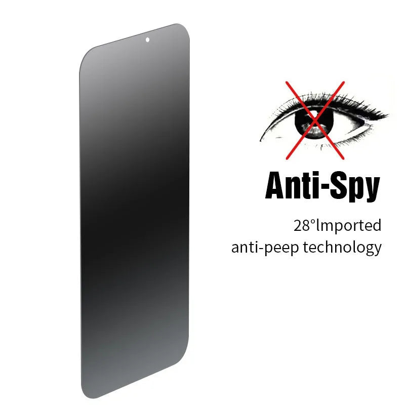 Anti-peeping tempered glass screen protector for iPhone shown against a phone.