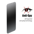 Anti-peeping tempered glass screen protector for iPhone shown against a phone.