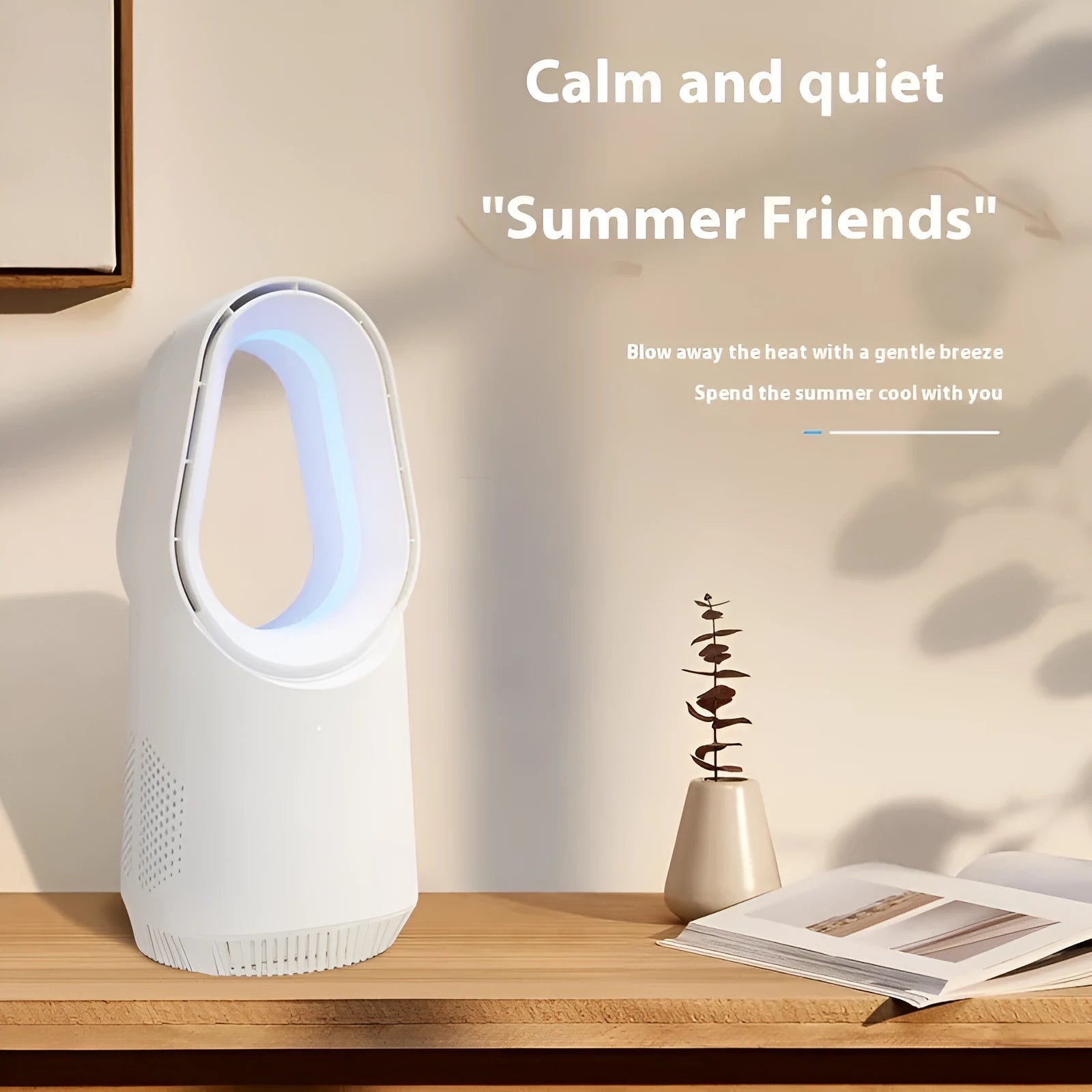 White bladeless tower fan with touch screen controls and remote for home or office use