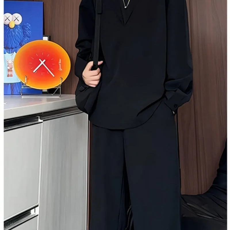 Men's black slim fit polo shirt and trousers two-piece casual suit made from elastic hemp fabric