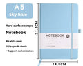 A5 and A6 size notebooks with soft skin-feel PU leather covers and a strap, shown in various colours next to open pages with horizontal ruled lines.