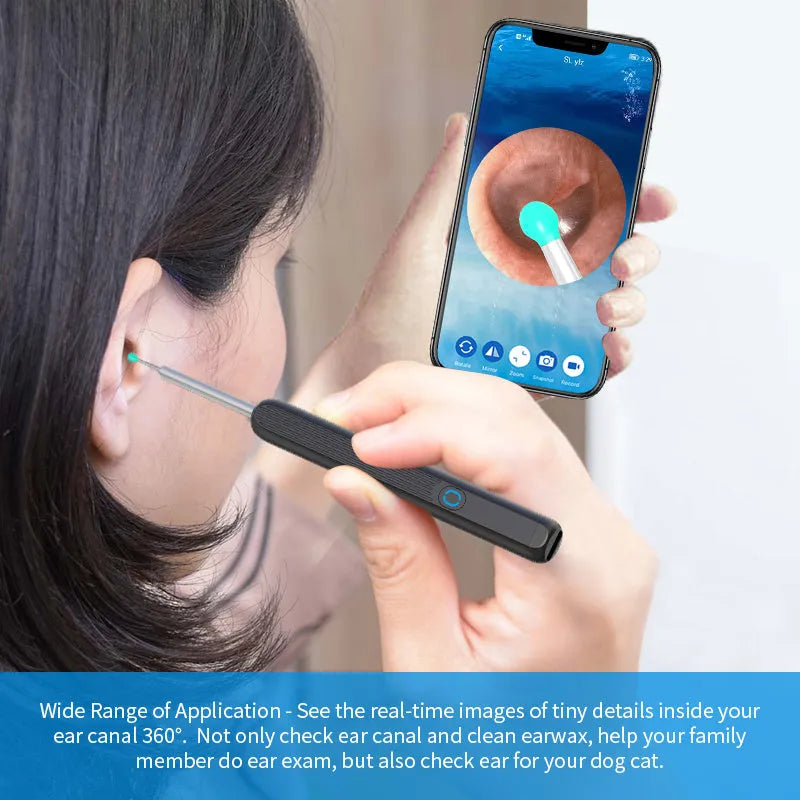 NE3 wireless otoscope ear cleaner with camera, LED light, and smartphone display showing ear canal view