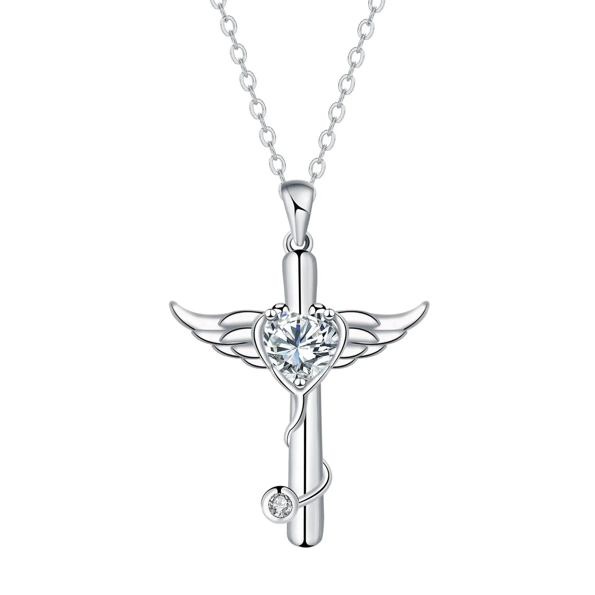 Wings cross stethoscope copper necklace with electroplated finish in red diamond or white diamond colour options