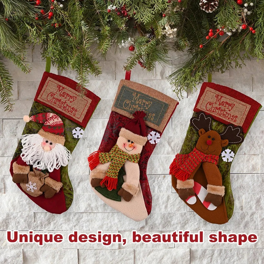 Handmade cloth Christmas stocking with 3D elk appliqué, large opening, and hanging loop.