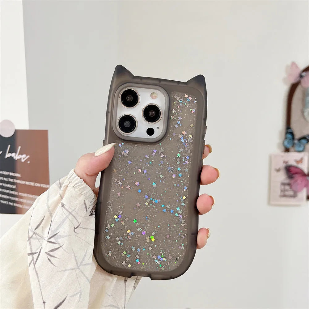 Three-dimensional cat ears epoxy glitter phone case for Apple iPhone in pink colour