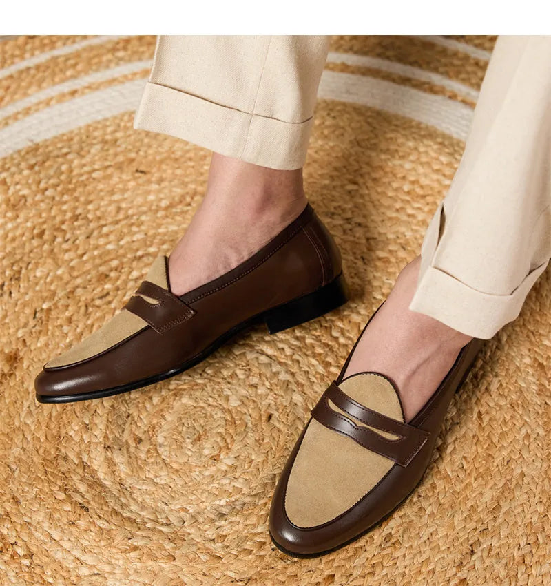 Coffee grey Belgian loafers slip-on shoes with high-gloss suede leather upper and rubber sole