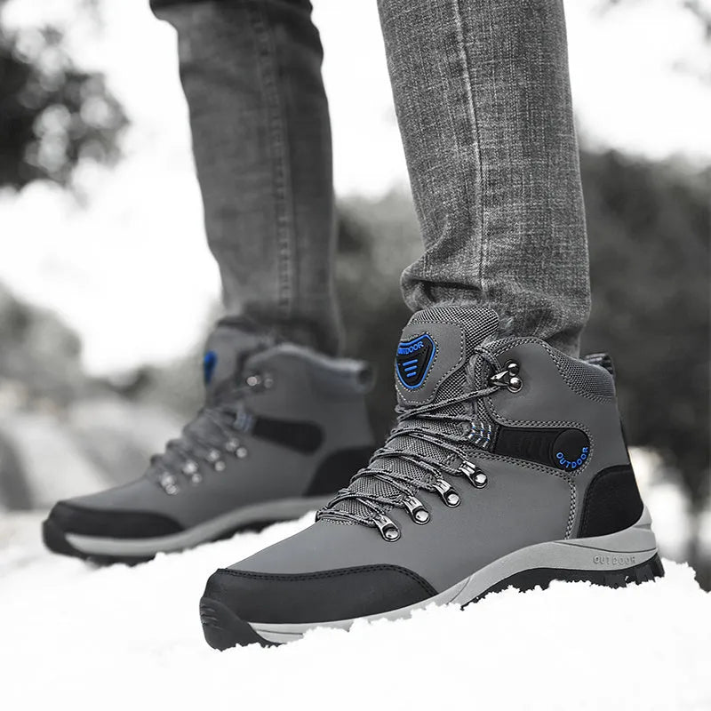 Men's winter snow boots with plush lining, lace-up front, synthetic leather upper, and TPR outsole in grey colour