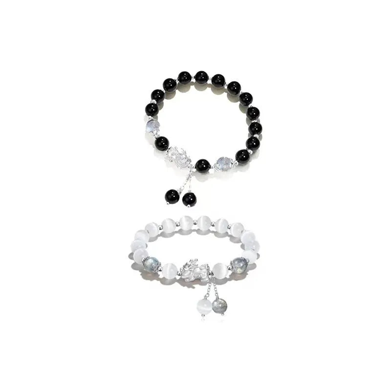 Natural black agate couples bracelet with 10mm wave beads and grey opal accents