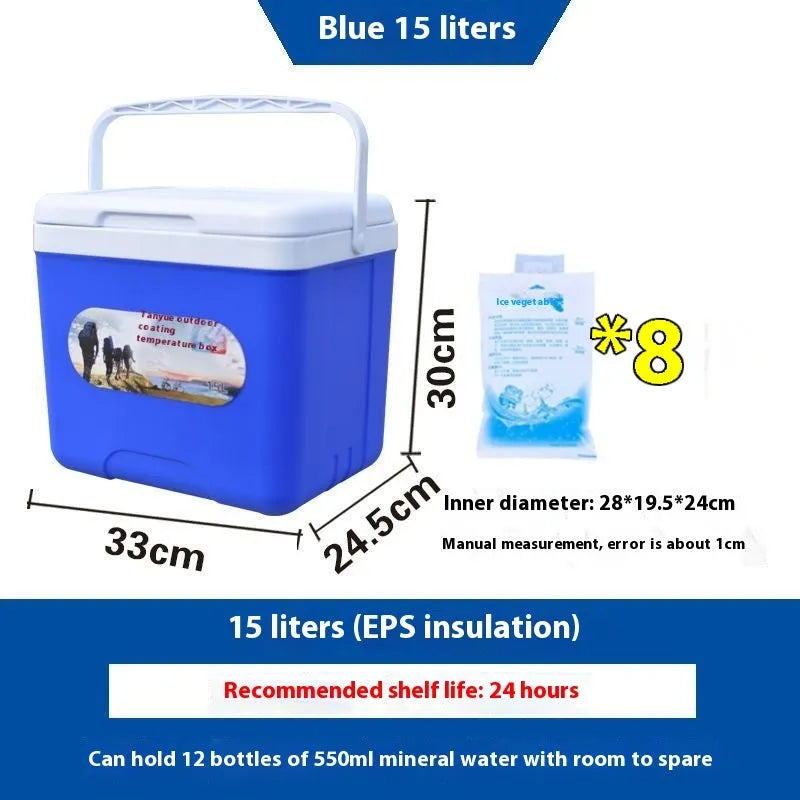 Blue portable insulated cooler box with aluminum foil exterior and multiple capacity options for outdoor cooling