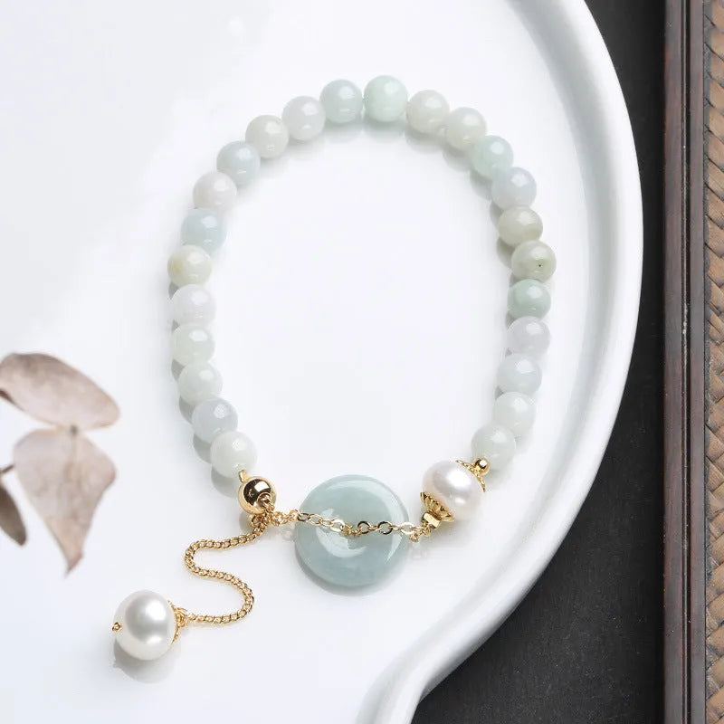 Handmade natural jade pearl bracelet with peace buckle design and geometry-shaped national style elements