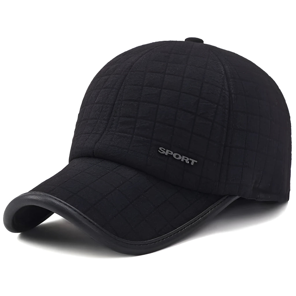 Men's winter ear protection thickened baseball cap, cotton warp knit, adjustable 56-60cm, black colour on white background