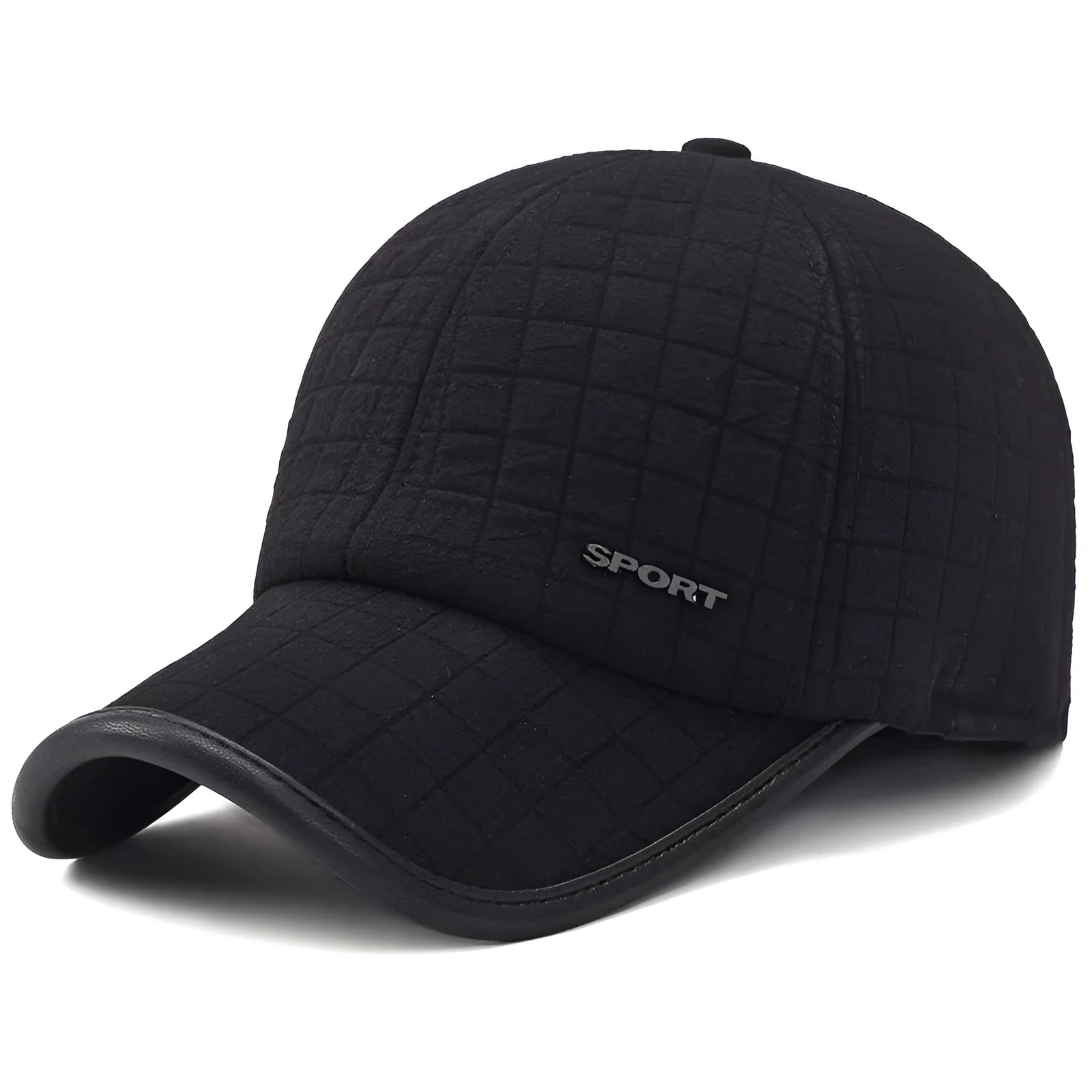 Men's winter ear protection thickened baseball cap, cotton warp knit, adjustable 56-60cm, black colour on white background