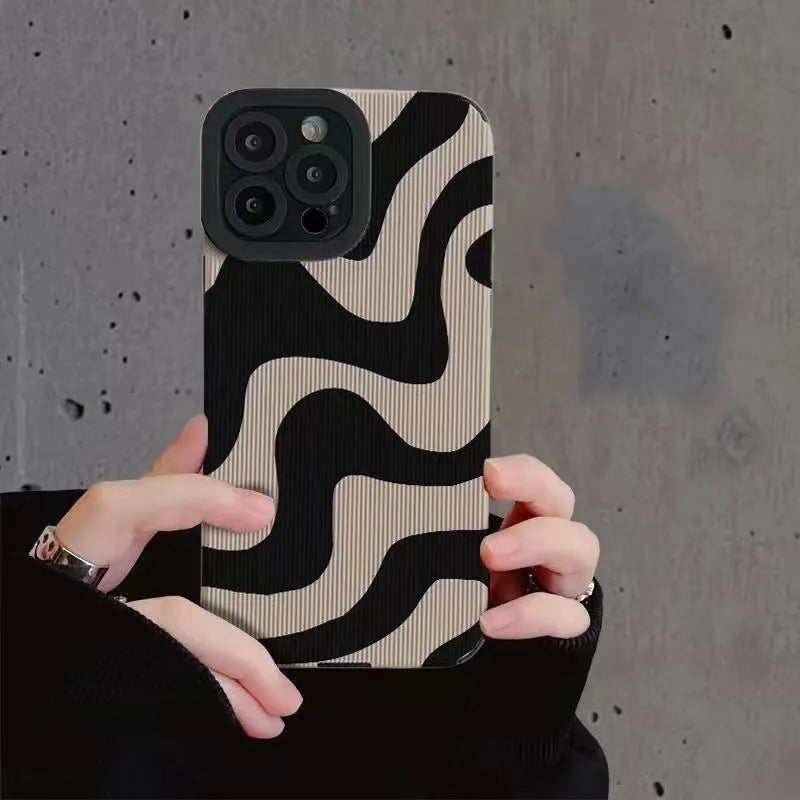 Imitation leather iPhone case with metal stamping stripe line pattern in Flower, Rainbow, or Zebra stripe colour.