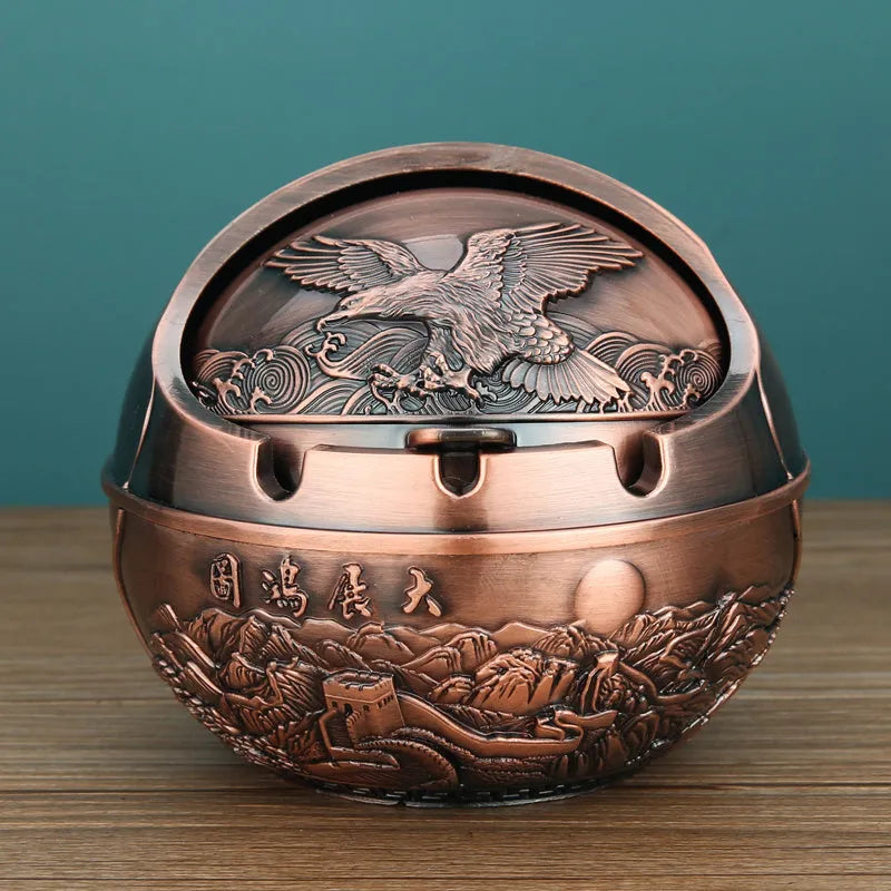 XL decorative alloy ashtray with smoke slot in bronze finish showing dragon and phoenix design