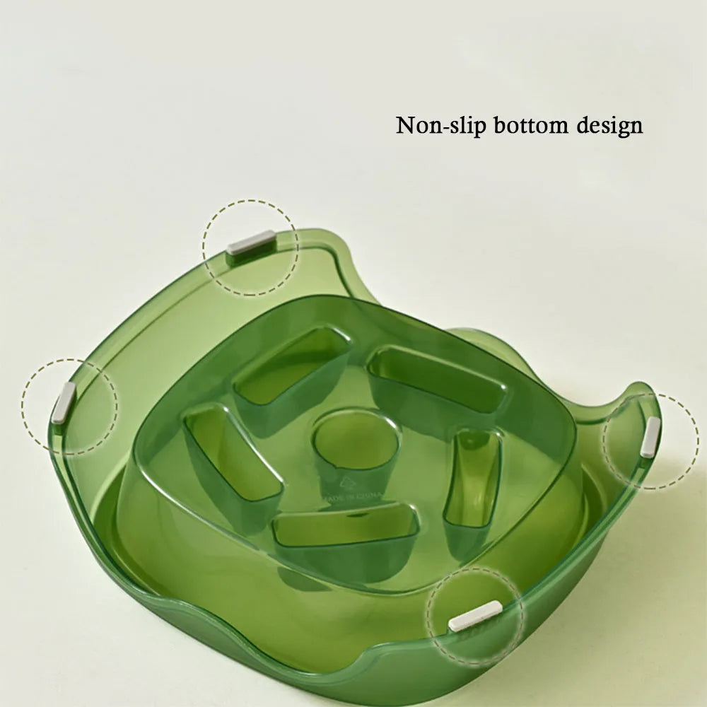 Blue plastic slow feeder dog bowl with internal ridges to prevent choking.