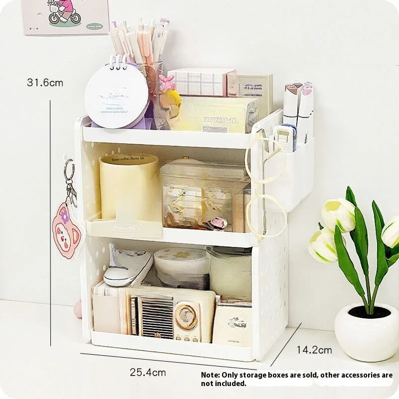 Beige plastic desktop wire-wrap board storage rack with three layers, two pen containers, and six hooks on a desk