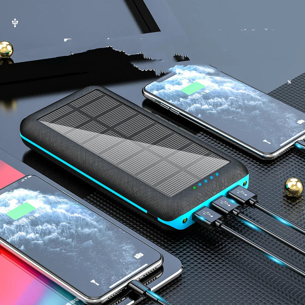 Wireless power bank with Qi charging showing three USB ports and LED flashlight in black-blue colour