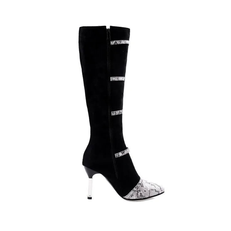 Grey and black women's knee high boots with a thin high heel on a rubber sole.
