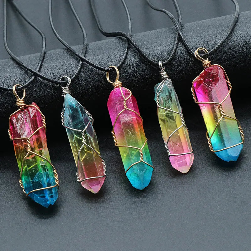Tree of Life crystal pillar pendant necklace with O-chain and extension, available in rainbow colour