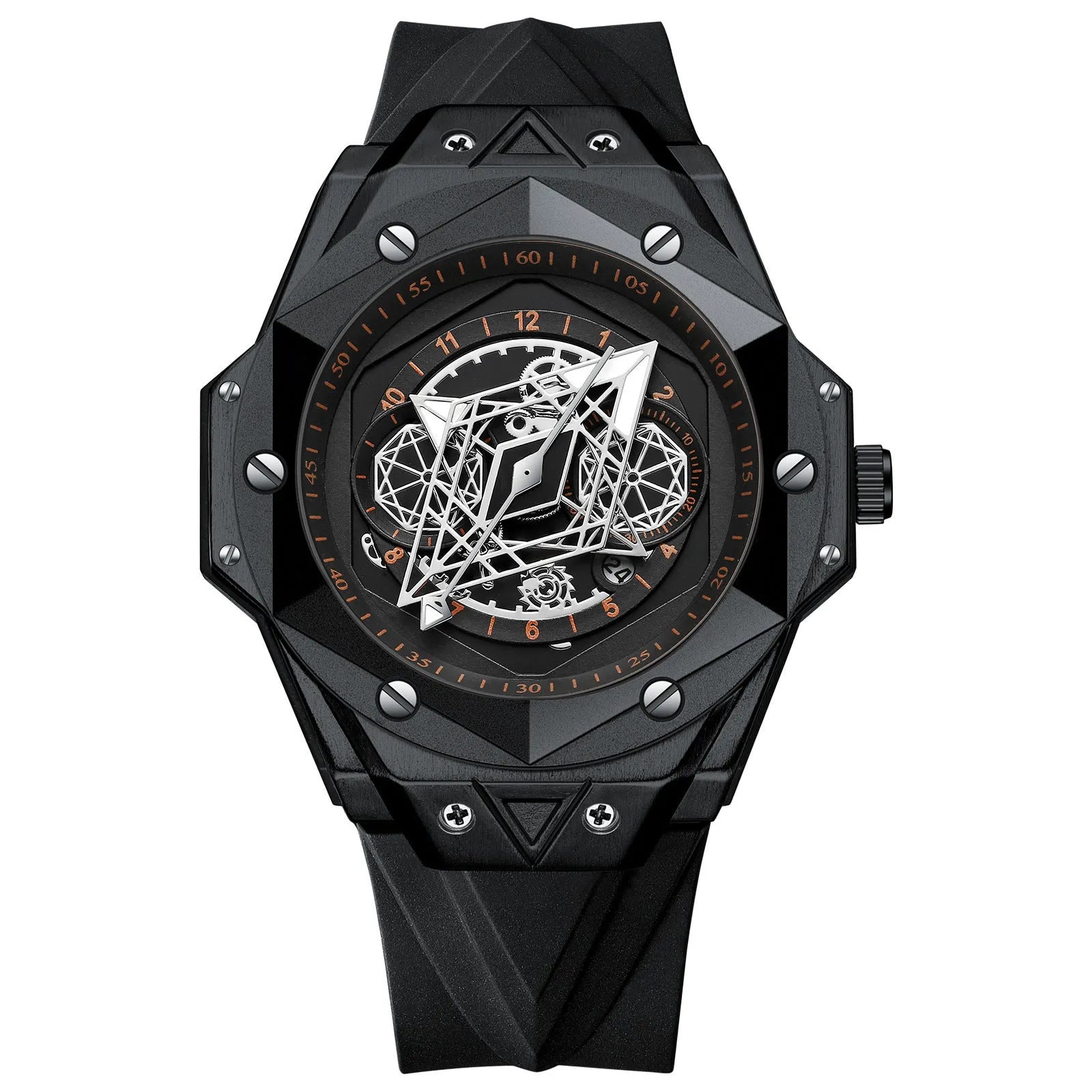 Men's waterproof silicone quartz watch with black leather band and black stainless steel surface