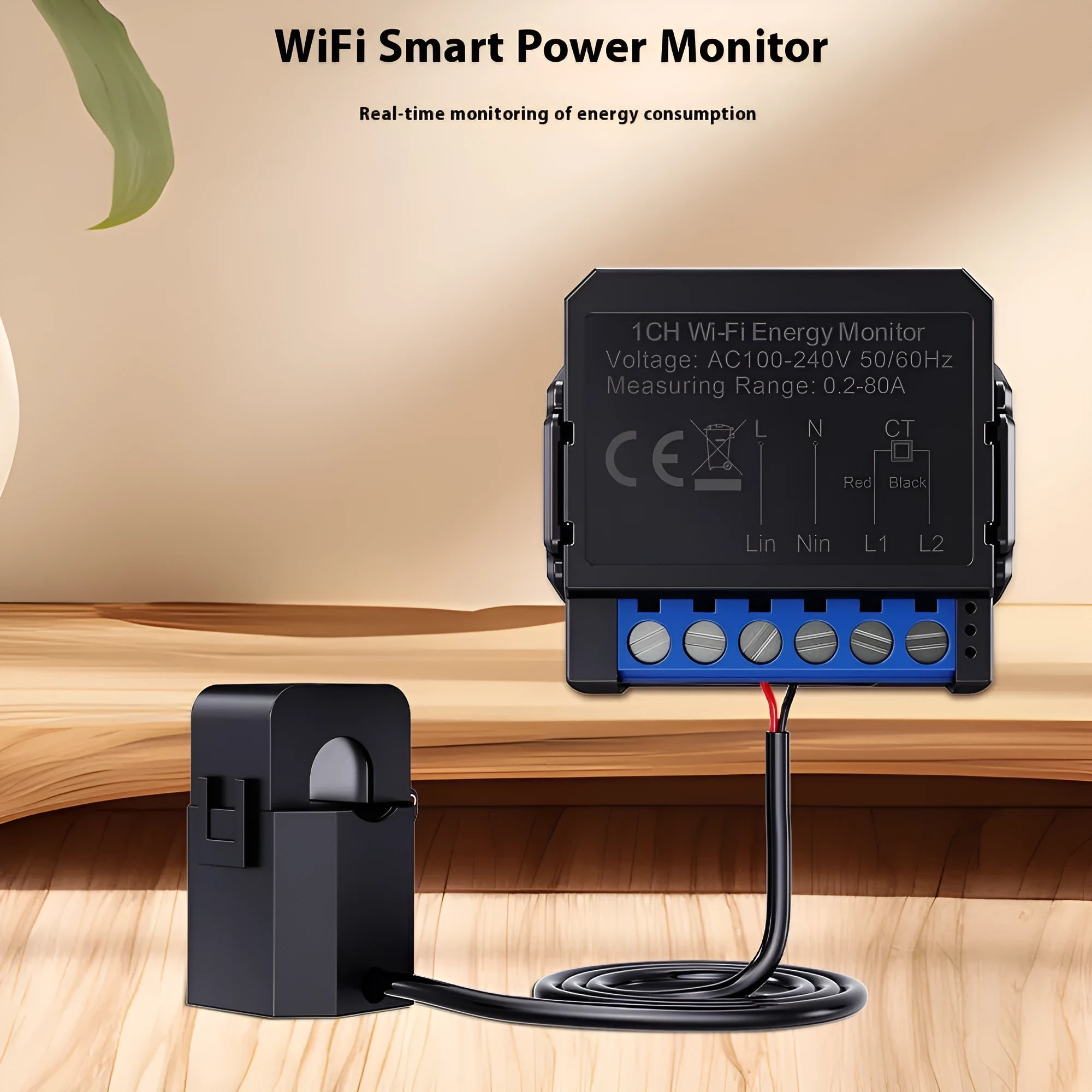 Black intelligent on-off switch with WiFi monitoring and electricity statistics, 39x39x19mm